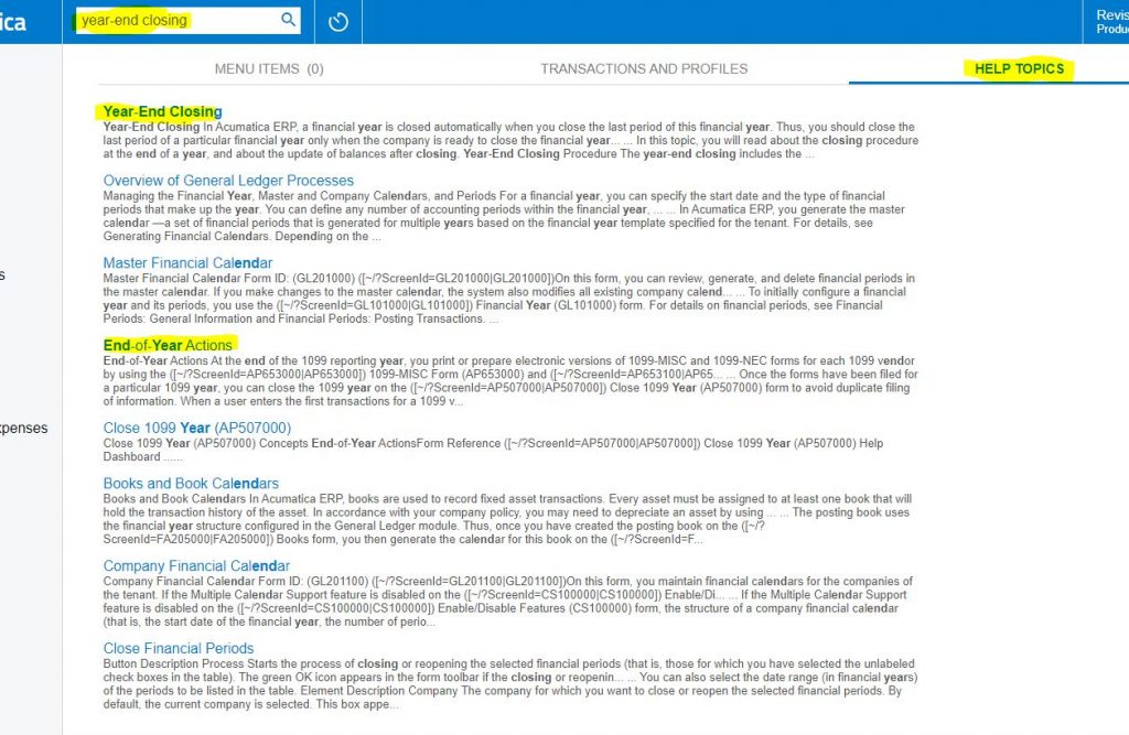 Acumatica Year End Closing Search